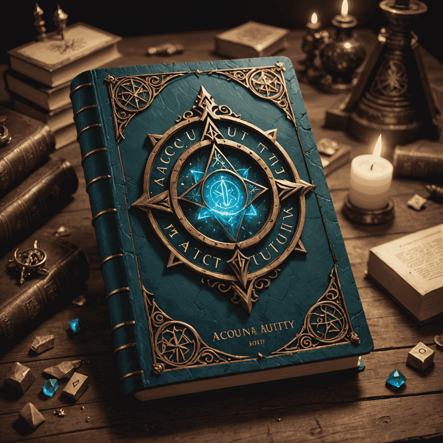 AccountAudacity logo featuring a magical spell book with glowing runes