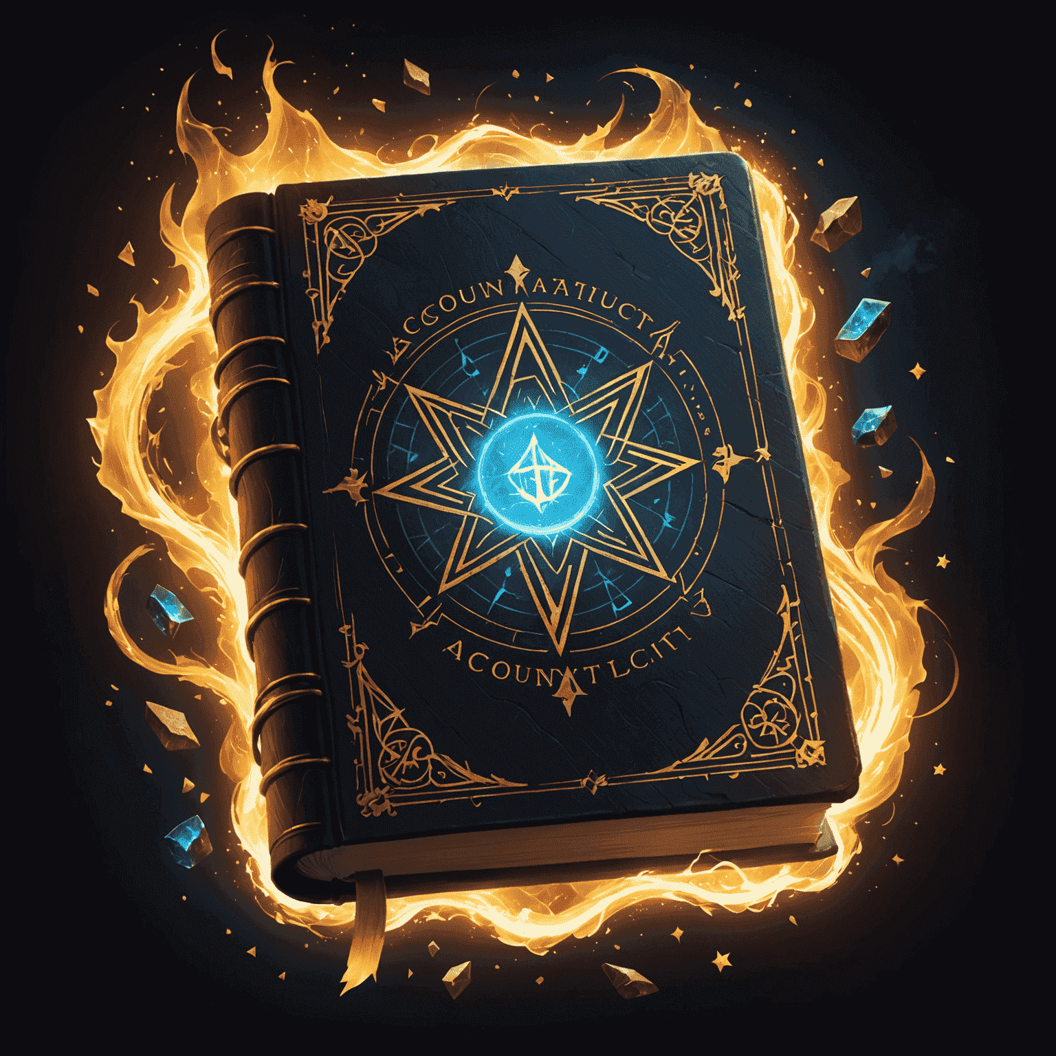 AccountAudacity logo featuring a magical spell book with glowing runes