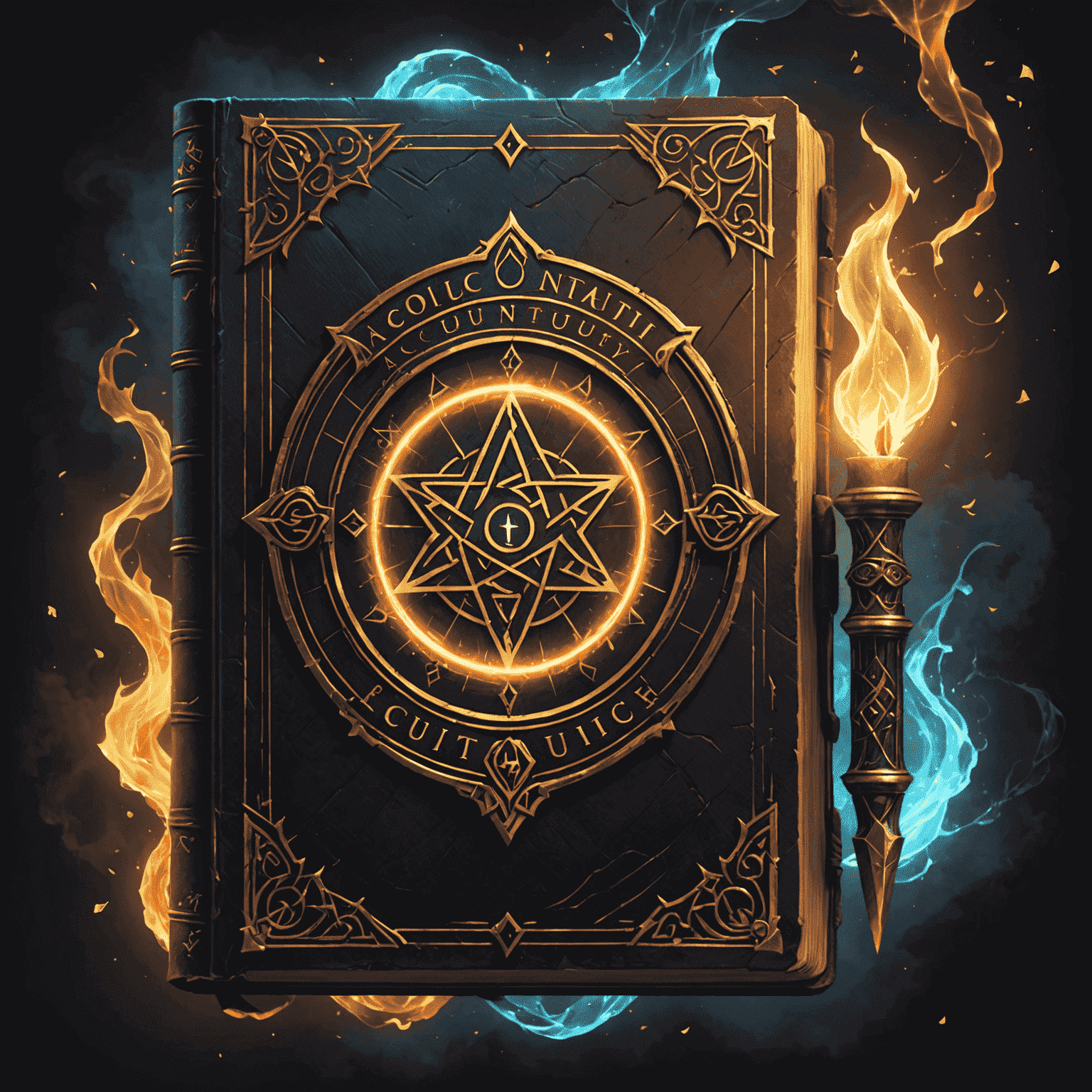 AccountAudacity logo featuring a magical spell book with glowing runes