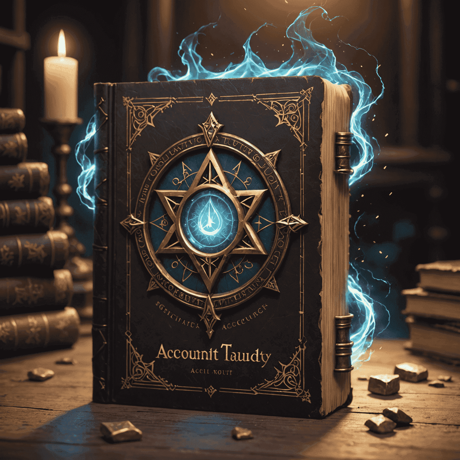 AccountAudacity logo featuring a magical spell book with glowing runes