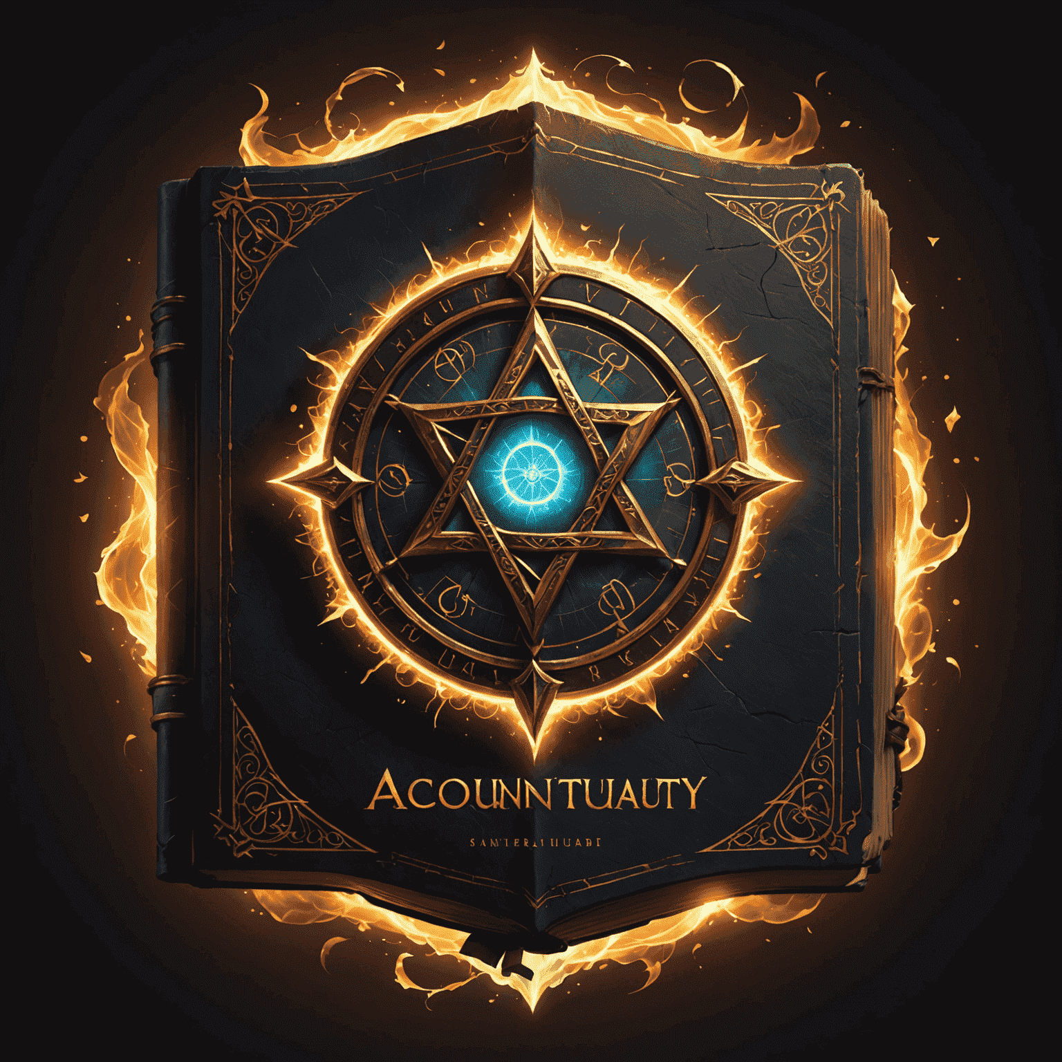 AccountAudacity logo featuring a magical spell book with glowing runes