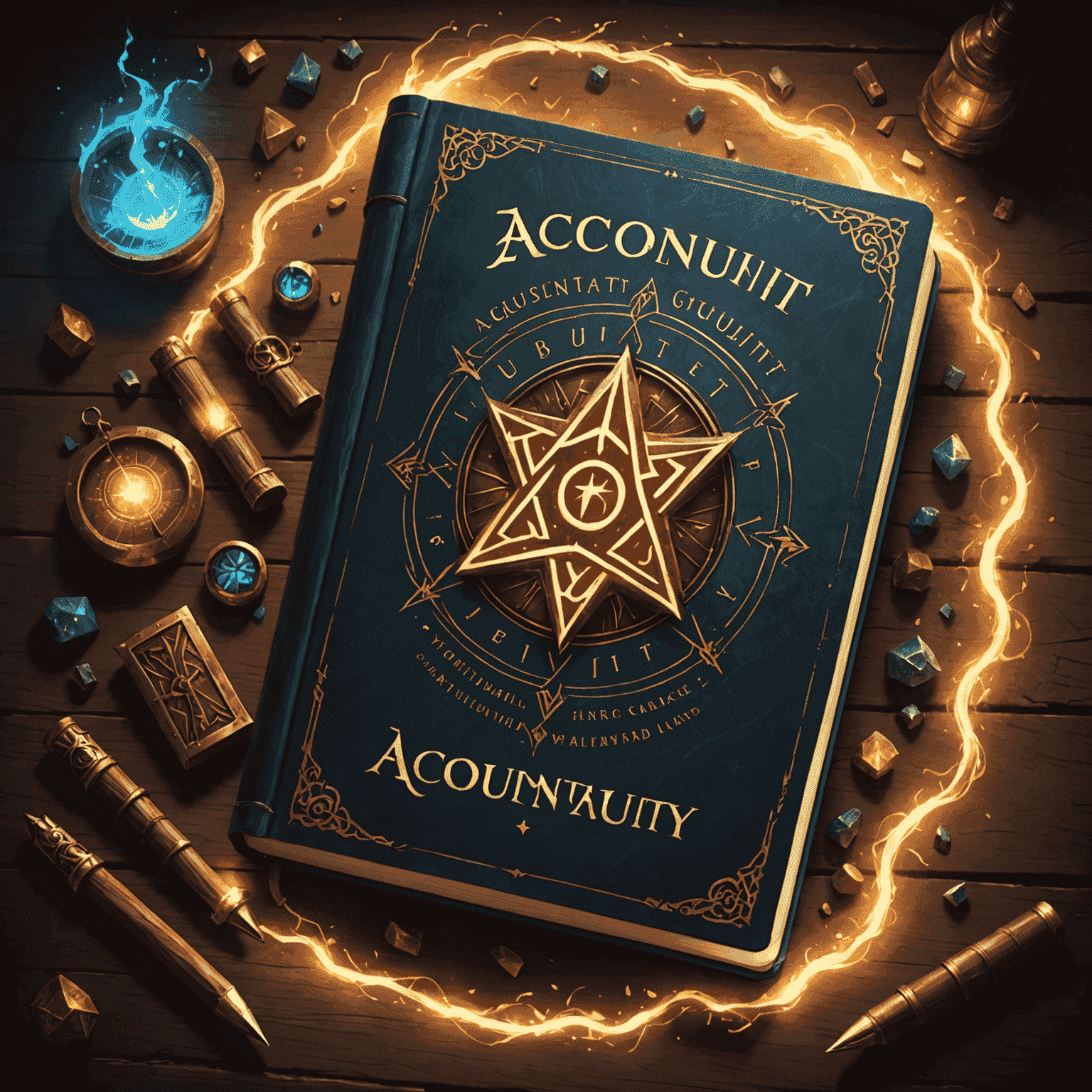 AccountAudacity logo featuring a magical spell book with glowing runes