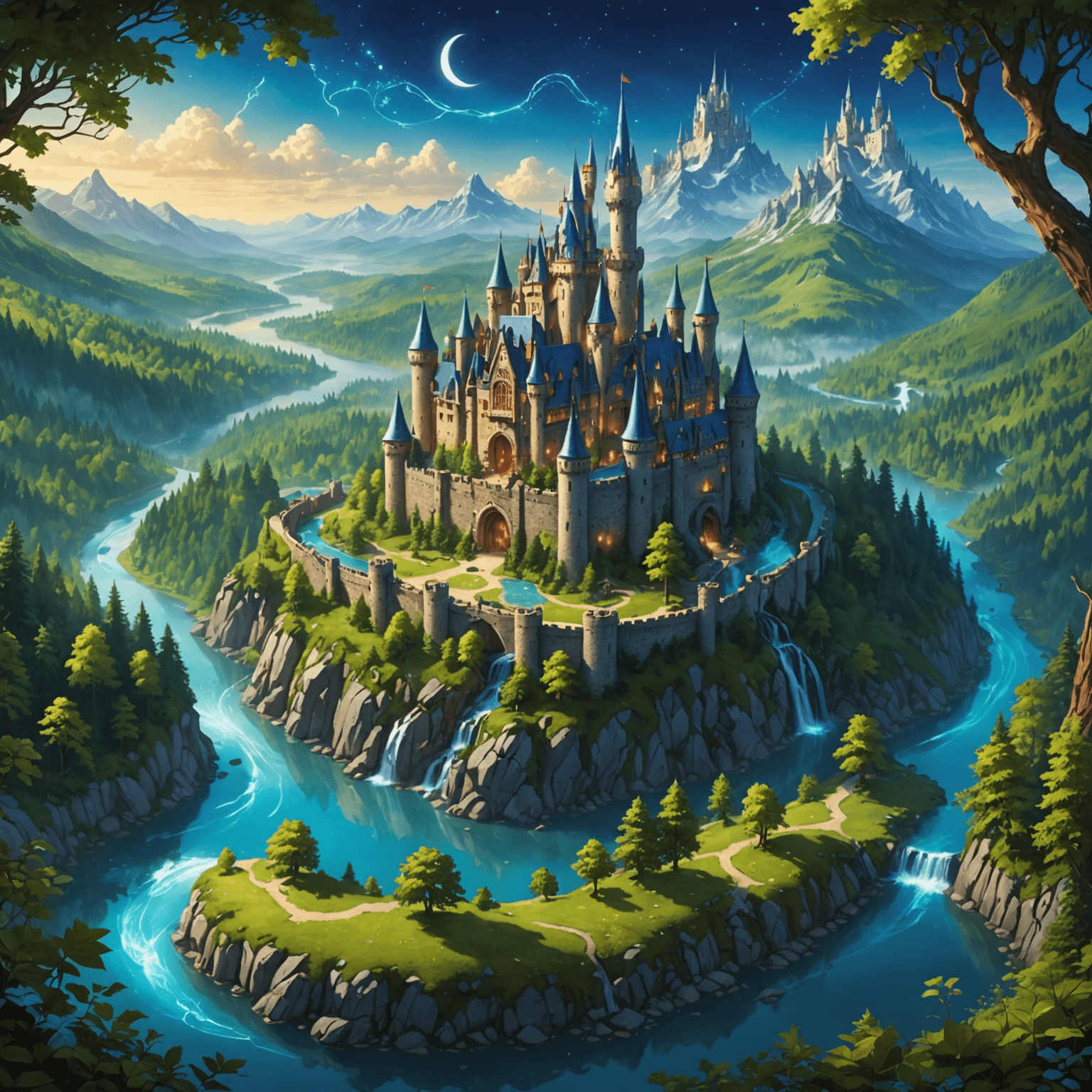 A magical map showing the location of Account Audacity's headquarters. The map features a mystical forest with glowing trees, a winding path leading to a grand castle perched atop a misty mountain. Magical creatures like dragons and unicorns can be seen roaming the landscape. The castle itself is adorned with shimmering spires and surrounded by a moat that sparkles with enchanted water.