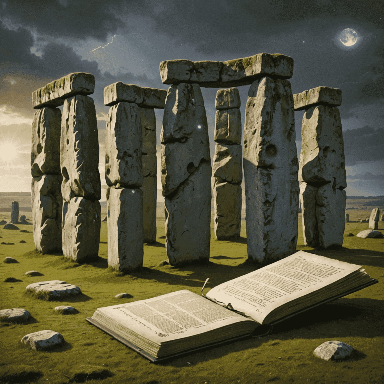 Ancient scrolls containing powerful spells discovered beneath Stonehenge, glowing with mystical energy