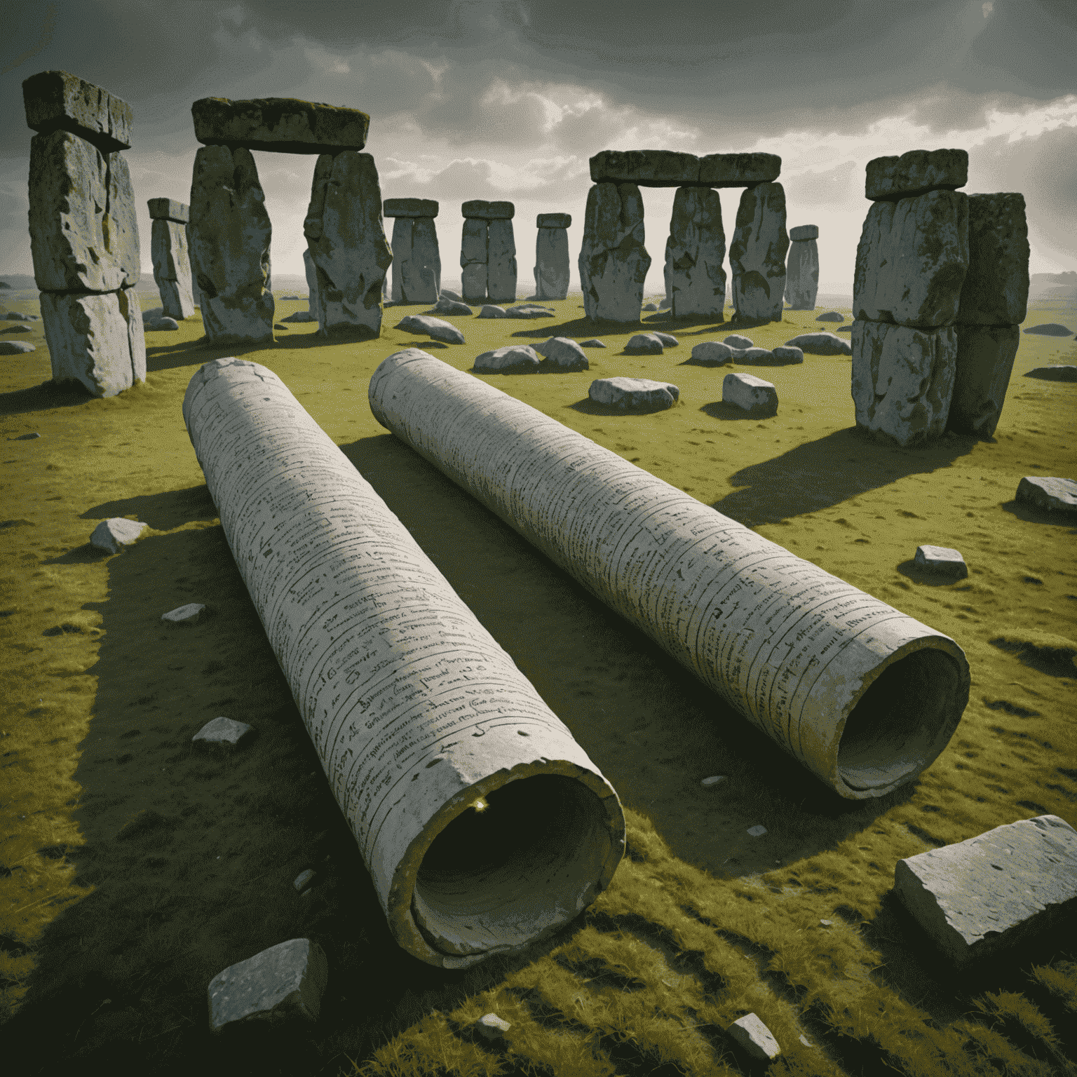 Ancient scrolls discovered beneath Stonehenge, glowing with mystical energy. The scrolls are partially unrolled, revealing intricate magical symbols and text in an unknown language. Stonehenge looms in the background, shrouded in mist.