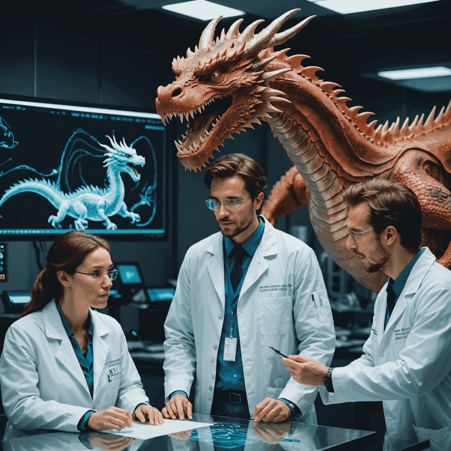 A team of scientists in lab coats studying holographic projections of dragon roars, with spectrograms and waveforms floating in the air. In the background, a lifelike 3D rendering of a dragon with its mouth open mid-roar.
