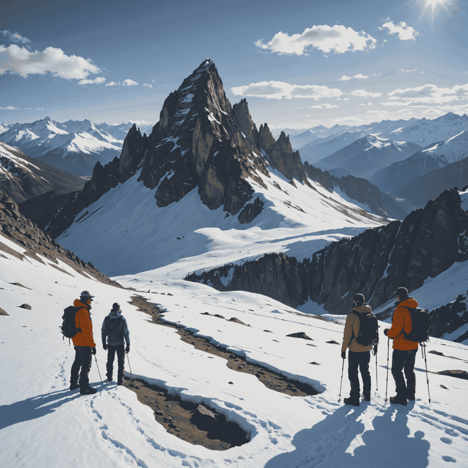 Enormous footprints in a remote mountain range, with researchers examining them. The footprints are several times larger than the researchers, implying an impossibly large humanoid creature. The surrounding landscape is rugged and untouched, with snow-capped peaks in the background.