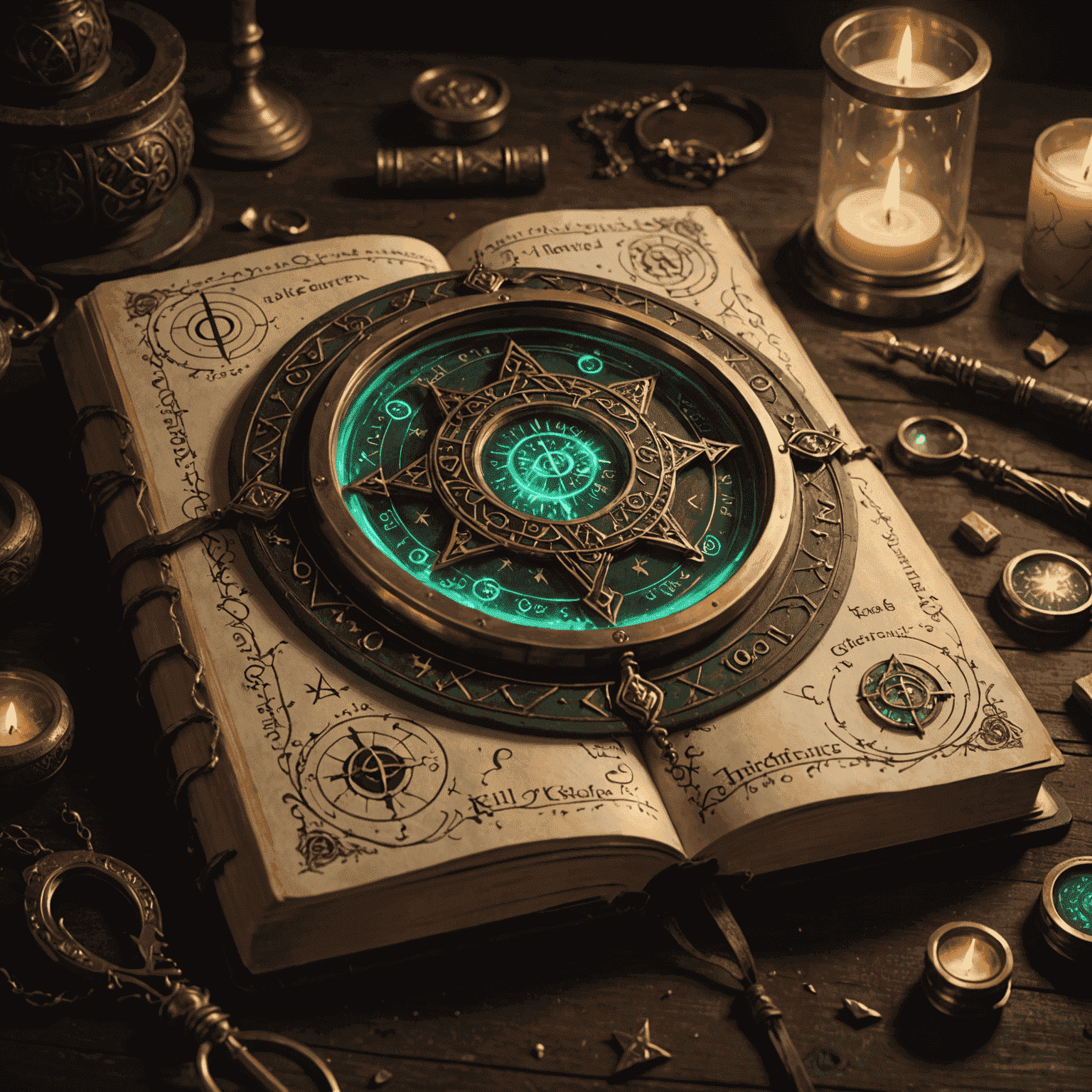 A glowing spellbook surrounded by floating magical runes and a magnifying glass hovering over intricate incantations