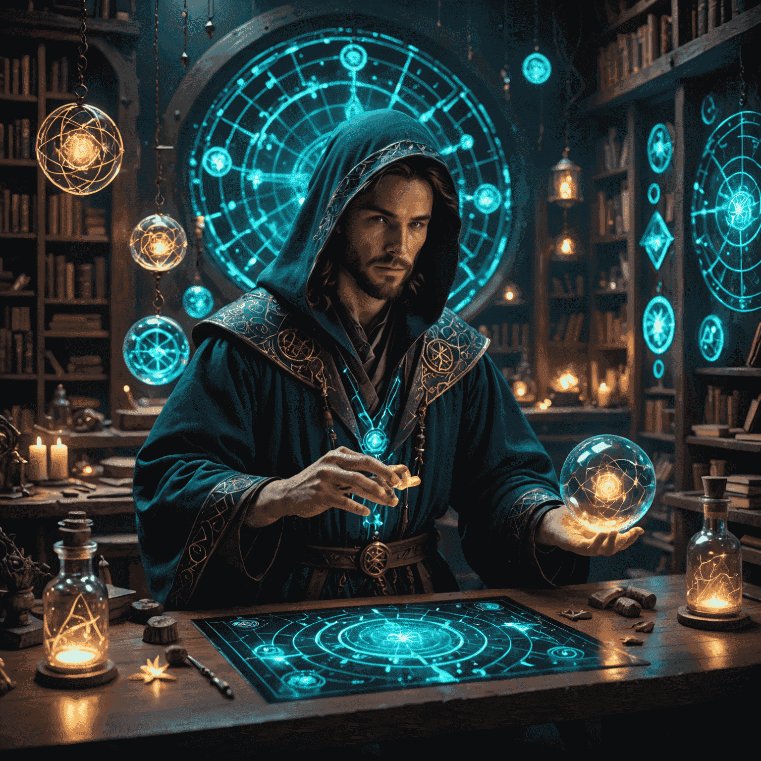 A mystical laboratory with glowing runes and floating spell components. Arcane researchers in shimmering robes analyze magical energy patterns on holographic displays.