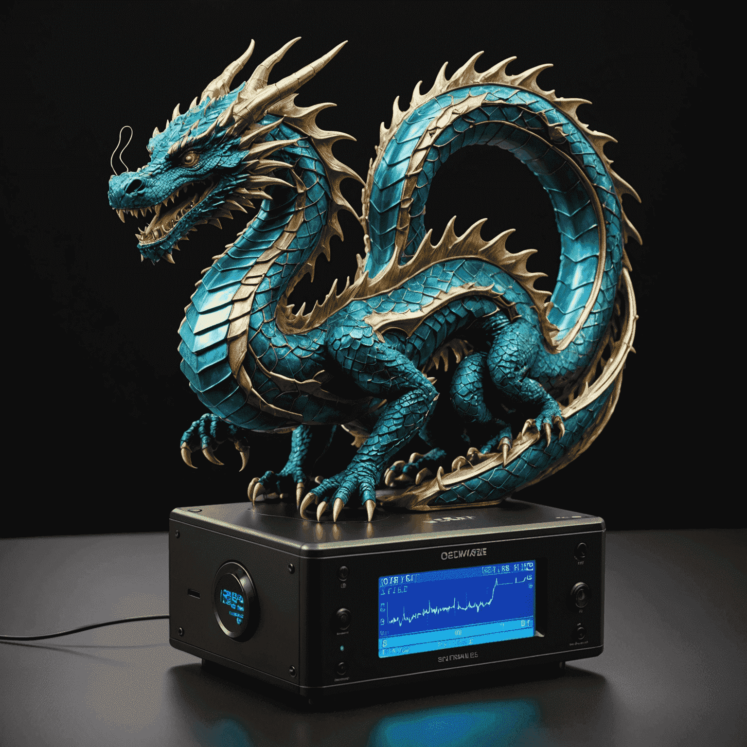 A high-tech sound measurement device with holographic display, capturing the intense soundwaves of a roaring dragon. The device shows real-time decibel readings and frequency analysis.