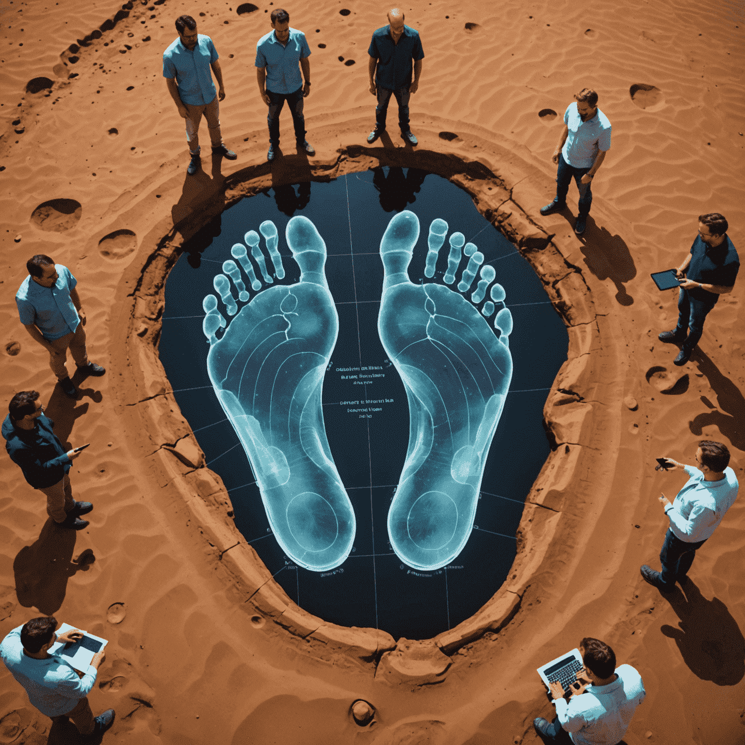 A detailed 3D scan of a massive footprint, with holographic overlays showing depth, pressure points, and directional analysis. The footprint is surrounded by a team of researchers using advanced equipment.