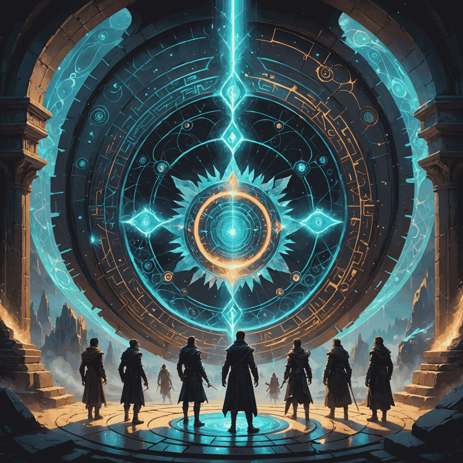 A team of mages and technomancers working on a swirling, iridescent magical portal. The portal is surrounded by glowing runes and floating holographic displays showing complex magical formulas and dimensional coordinates. In the background, glimpses of fantastic otherworldly landscapes can be seen through the stabilized portal.