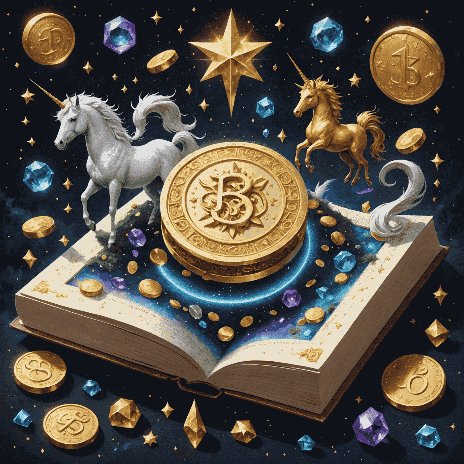 A mystical ledger floating in a starry void, surrounded by magical creatures like unicorns and phoenixes. Golden coins and gemstones orbit the book, while ethereal numbers and equations swirl in the background.