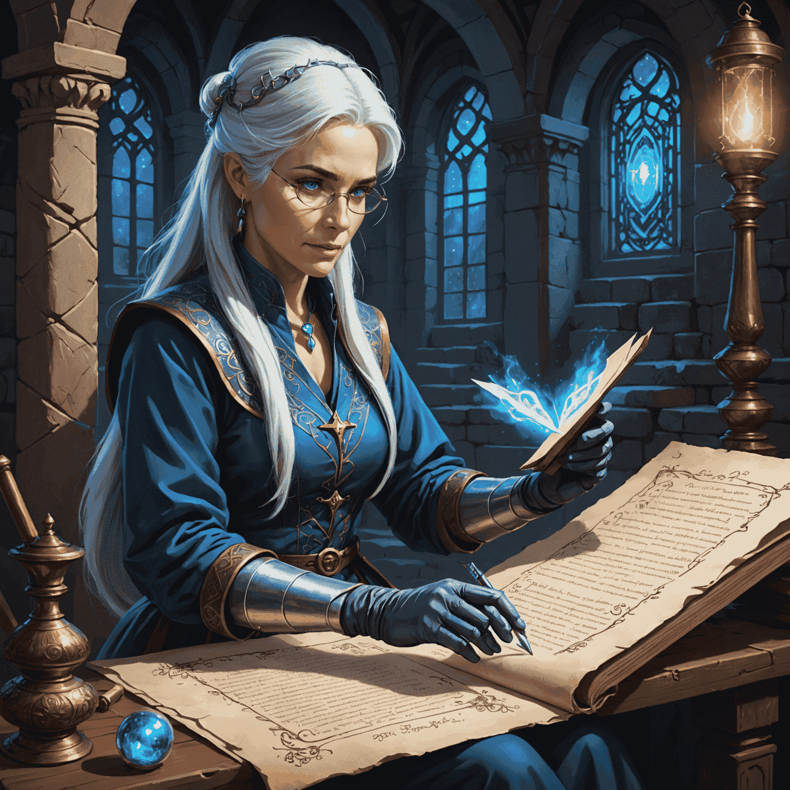 Dr. Elara Moonwhisper, a woman with silver hair and piercing blue eyes, carefully examining an ancient scroll. She's wearing protective gloves and using magical instruments to decipher the text. The scroll emits a soft, pulsating glow.