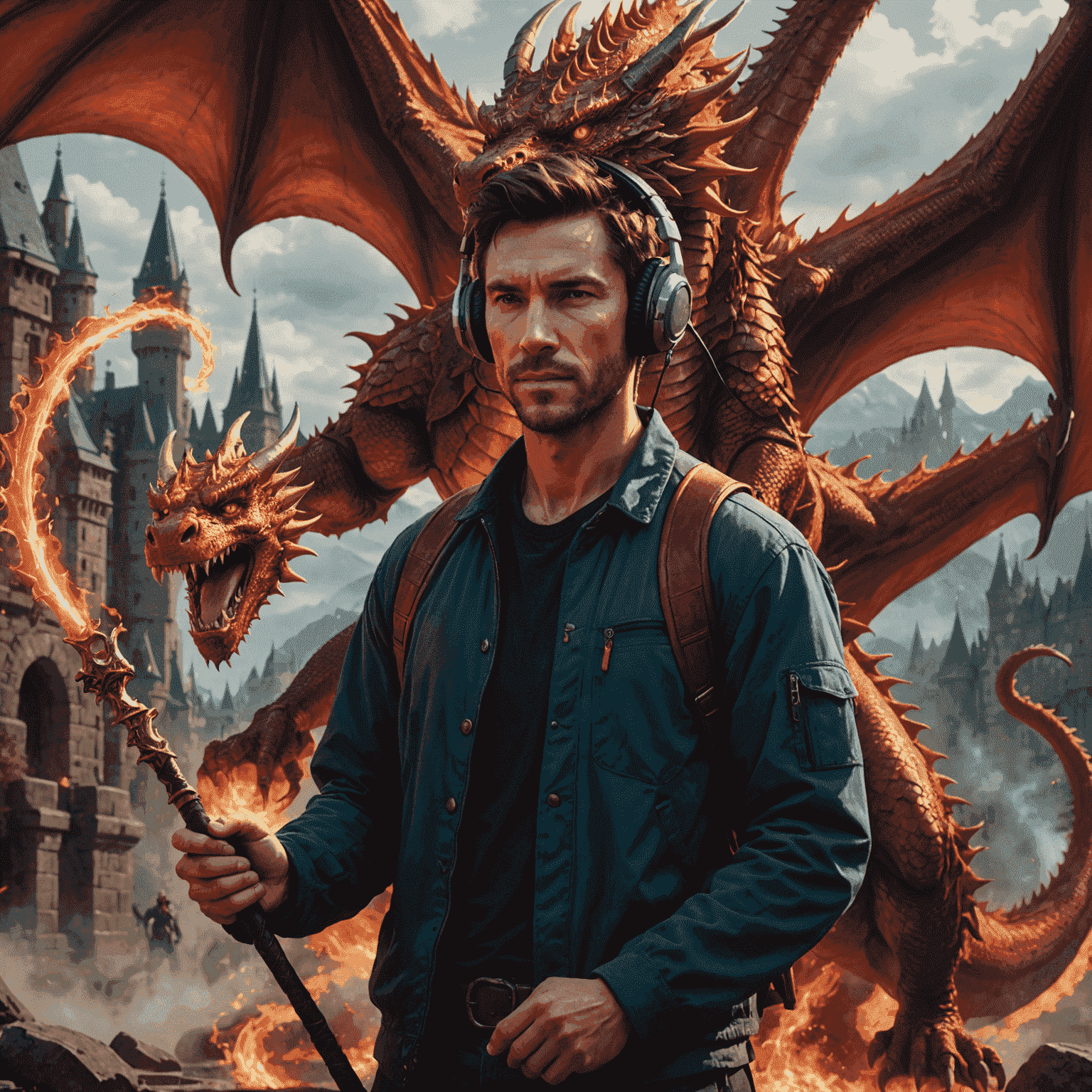 A human researcher wearing headphones and holding a magical staff-like device, standing before a majestic red dragon. The dragon's mouth is slightly open, emitting visible sound waves that the researcher appears to be interpreting.