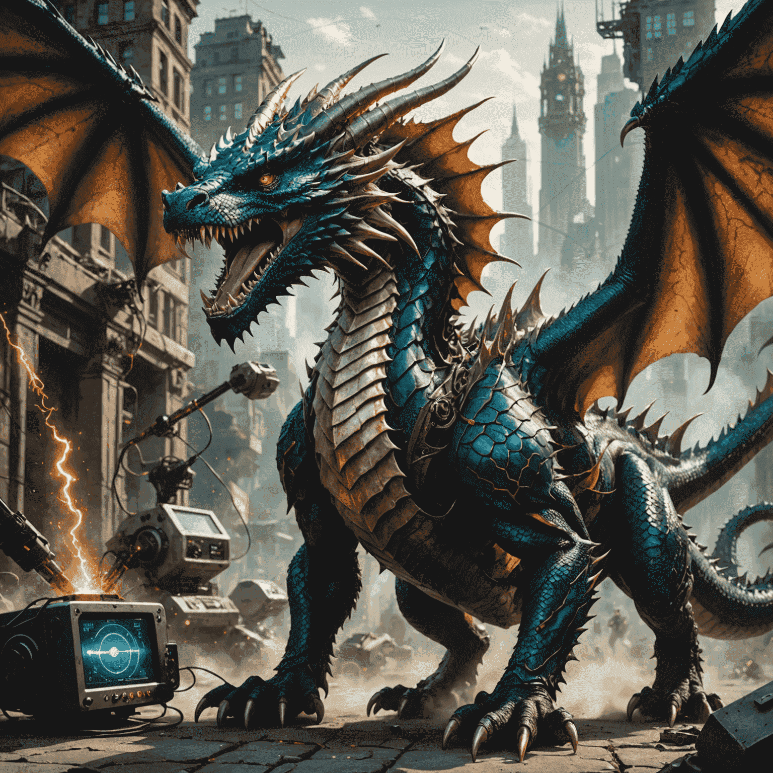 A fierce dragon roaring with visible sound waves emanating from its mouth, surrounded by high-tech measuring devices