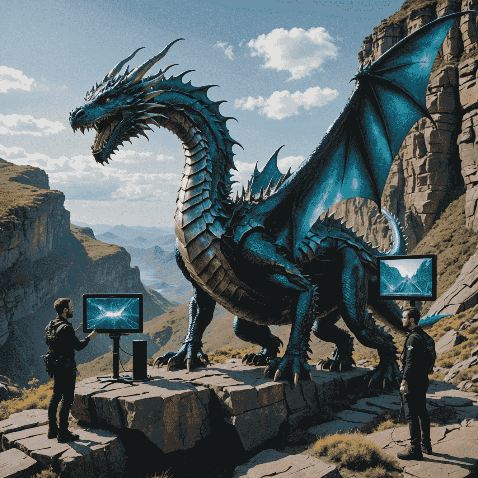 A team of researchers in futuristic gear using advanced equipment to measure the roar of a majestic dragon perched on a cliff. Holographic displays show complex waveforms and data analysis in real-time.