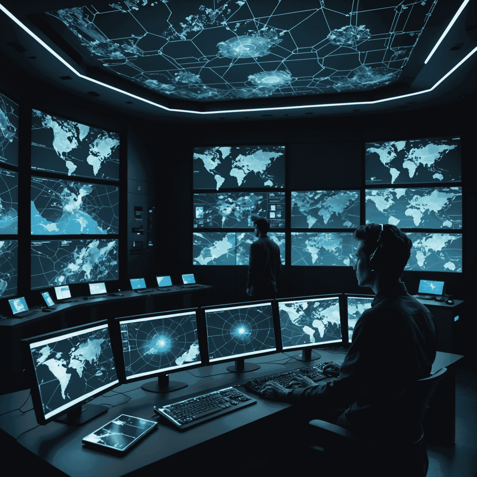 A futuristic control room with multiple screens displaying giant movement patterns, 3D terrain maps, and predictive algorithms. Holographic projections of giant silhouettes roam across a miniature landscape.