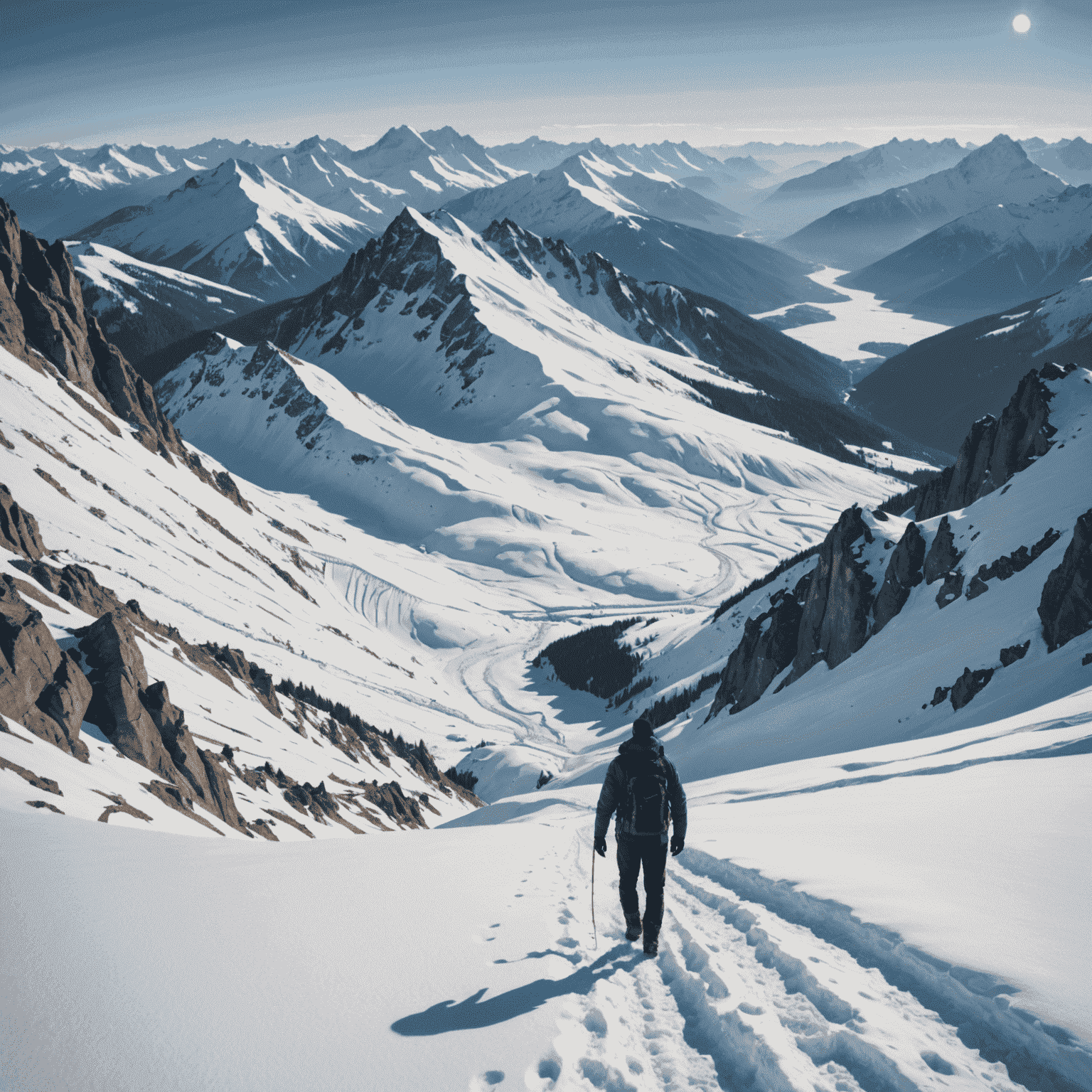 Enormous footprints in a snowy mountain range, with a human figure for scale