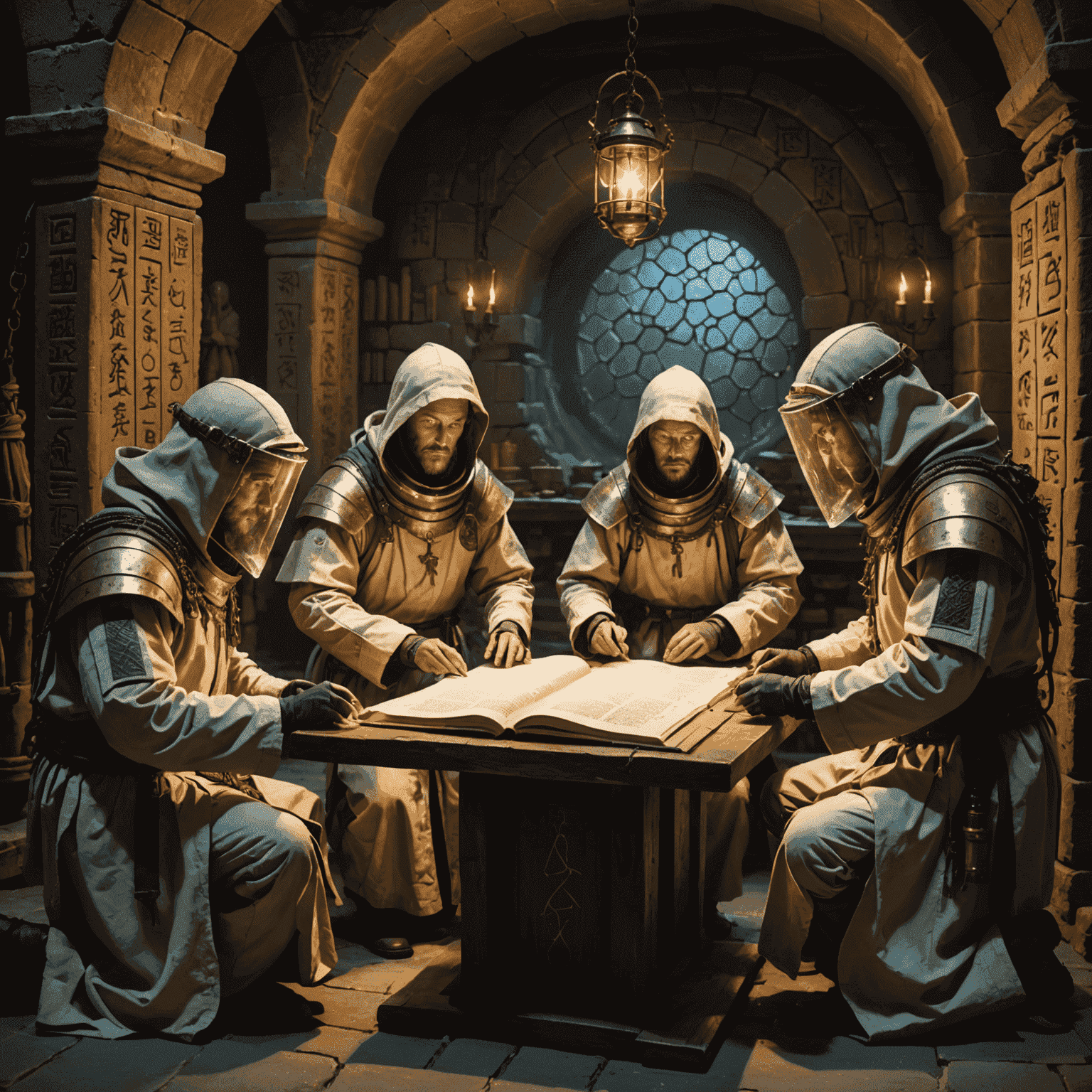 A team of magical researchers in protective suits studying the ancient scrolls. The chamber is dimly lit, with glowing runes on the walls. Energy tendrils can be seen emanating from the scrolls, creating a mesmerizing light show.