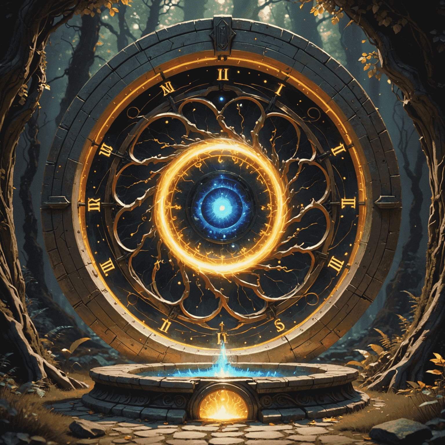 A swirling magical portal with energy readings and stability meters surrounding it