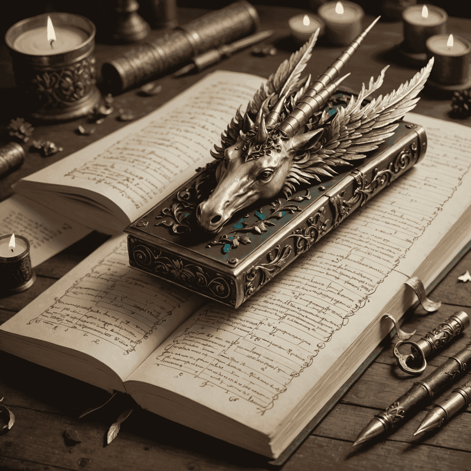 A magical ledger with floating numbers, unicorn horns, and phoenix feathers being counted by spectral hands